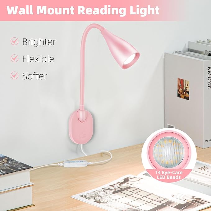 Wall-Mounted LED Bedside Reading Light with USB Charging Port, 10-Level Dimmable & Adjustable 5 Color, Plug-in Adhesive Night Lamp for Books in Bed, Eye-Caring Bedroom Lighting (Pink)