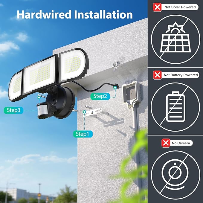 iMaihom 180W Motion Sensor Outdoor Lights Plug in, 18000LM LED Security Lights, Dusk to Dawn Motion Flood Light, 6500K, IP65 Waterproof, 3 Head Exterior Motion Detector Light for Yard Garage