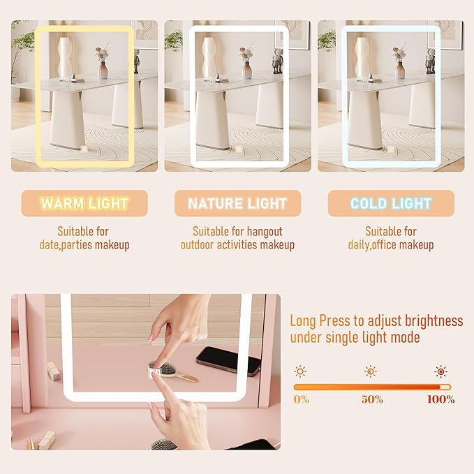 DYHOME Makeup Vanity Desk with LED Lights Mirror 3 Adjustable Modes and Power Outlets, Vanity Table with 6 Drawers Dresser and Bench, Makeup Desk for Bedroom Dressing Room, Pink
