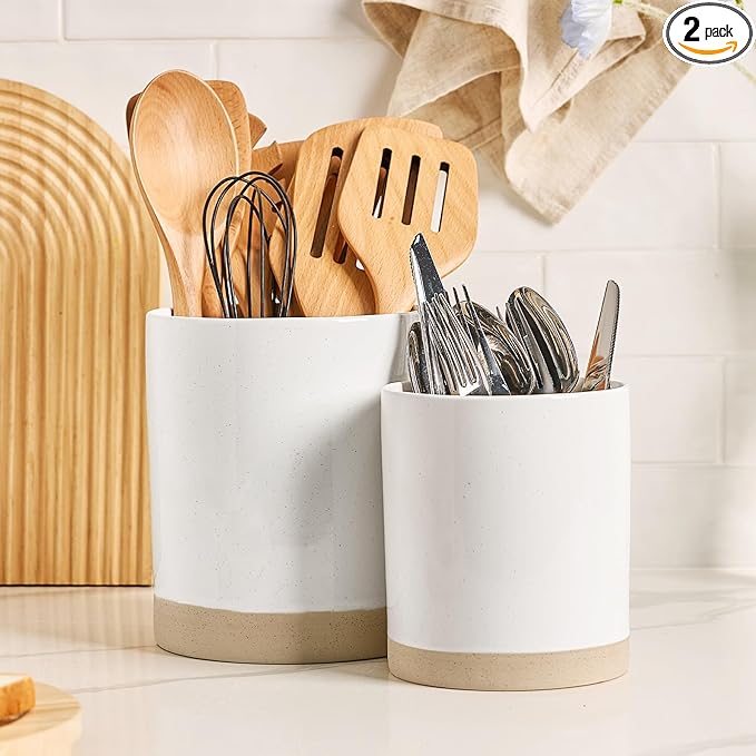 famiware Milkyway Kitchen Utensil Holder for Countertop, 7.2"+5.8" Ceramic Cooking Utensil Crocks for Counter, Utensil Organizer for Spatula & Spoon, Kitchen Decor, Set of 2, White
