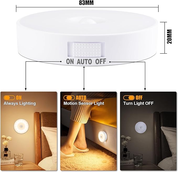 3 Pack Motion Sensor Light Indoor, Upgraded 14 LEDs Night Light USB Rechargeable, 3 Light Modes & Long Last Battery, Cordless Magnetic NightLight for Closet, Bedroom, Stairs - Warm White