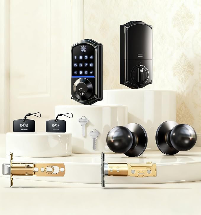 Veise VE017-K Fingerprint Smart Lock with 2 Knobs, App Control, Keyless Entry Front Door Lock Set, Electronic Touchscreen Keypad Deadbolt, Emergency Power Port, Easy Install, Auto-Lock, Matte Black