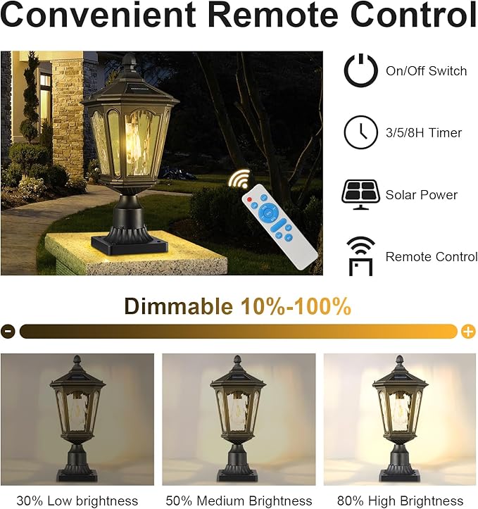 18.5" Black Solar Powered Outdoor Post Light Fixture with Remote Control, Dusk to Dawn LED Pole Lamp Waterproof Exterior Pillar Lantern Post Lighting for Pathway Garden Patio Gargae