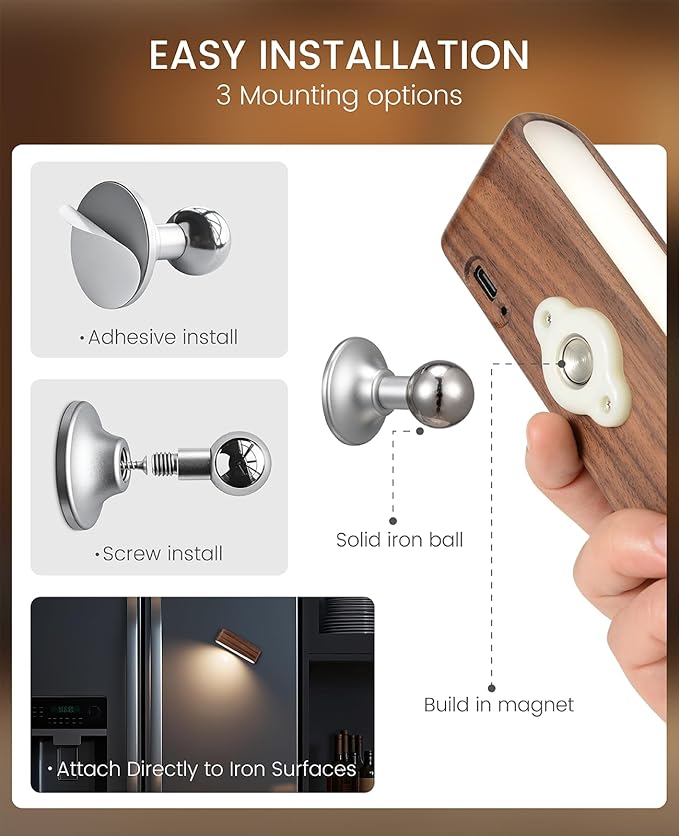 Wood LED Wall Sconce Magnetic 360°Rotate Mounted Mini Lamp Brightness Adjustable Nightlights Rechargeable Battery Powered Reading Light for Bedside Hallway Living Room Black Walnut Set of 2