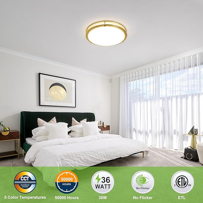 hykolity 16 inch Dimmable LED Flush Mount Ceiling Light Fixture, Gold, 36W, 2200LM, 2.7/3/3.5/4K/5K Adjustbale, 120°Light Angle, CRI80, Ceiling Lamp for Bedroom, Kitchen, Office, ETL Listed