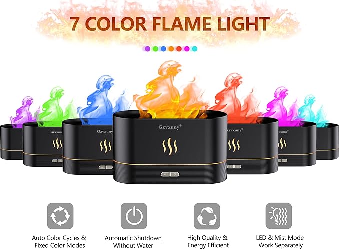 Flame Essential Oil Diffuser, Upgrade 7 Colour Lights Aromatherapy Diffuser, Super Quiet Air Humidifier, Electric Aroma Diffuser, Waterless Auto-Off for Home Office Room - Black