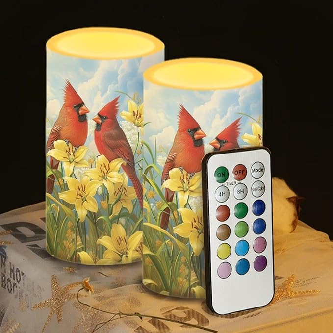 Cardinal Bird Flameless Candles 2 Pack 6 x 3 inch Battery Operated Candles with Multicolor Timer Remote Control LED Fake Candles for Warm Light Dinner Table Home Decor