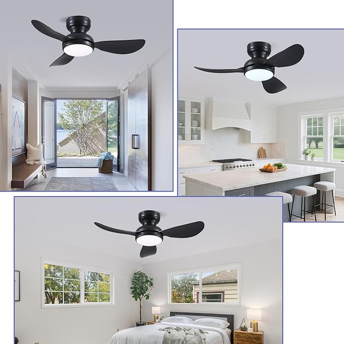 36 Inch Flush Mount Ceiling Fan with Light, 3 Reversible Blades, Remote & APP Control, 3 CCT Dimmable for Bedroom Living Room, Black