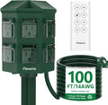 Outdoor Power Stake Timer, Remote Control Dusk to Dawn Light Timer, 100 FT Extension Cord Waterproof, 6 Grounded Outlets for Graden and Yard Decorations, ETL Listed