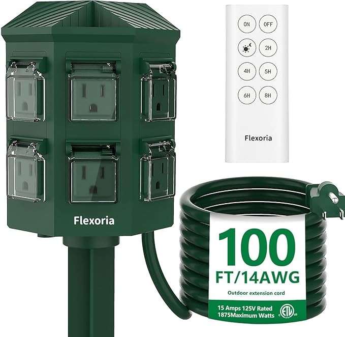 Outdoor Power Stake Timer, Remote Control Dusk to Dawn Light Timer, 100 FT Extension Cord Waterproof, 6 Grounded Outlets for Graden and Yard Decorations, ETL Listed