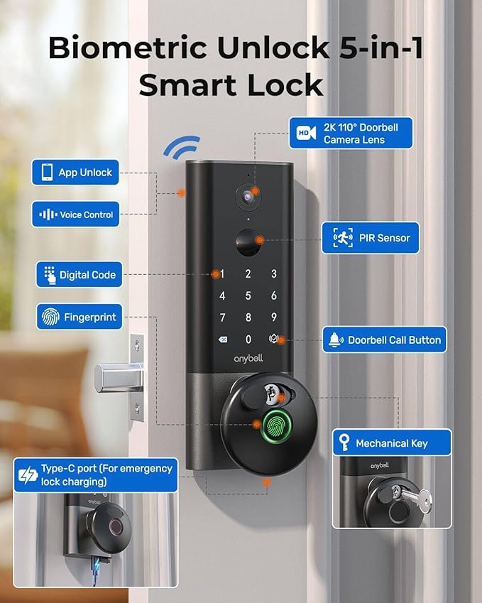 Fingerprint Smart Door Lock, ANYBELL Keyless Entry Door Lock with Camera, Built-in Wi-Fi Deadbolt for Front Door, Auto Lock, Cloudege App Control, Night Vision & Two-Way Audio, Home Security