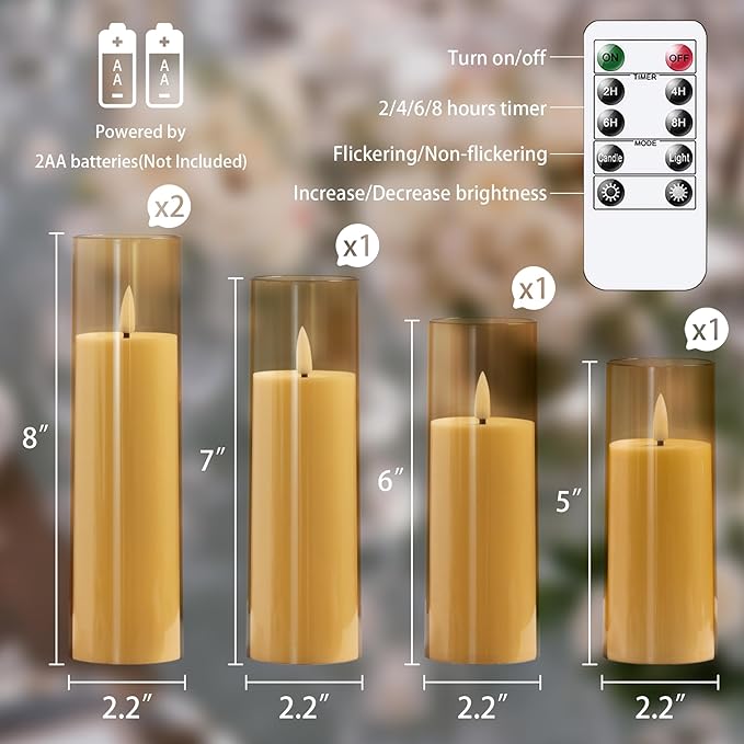 Acrylic Flameless Flickering Candles with Remote Control and Timer, Battery Operated LED Fake 2.2" x 5",6",7",8",8" Plastic Pillar Candles for Home Decor(Long-Lasting, Gold)