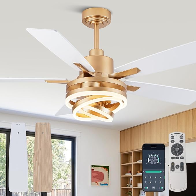 52" White Ceilling Fans with Lights Modern Chandelier Fan DC Motor Dimmable Led Fandelier Ceiling Fan with Light for Bedroom, Living Room