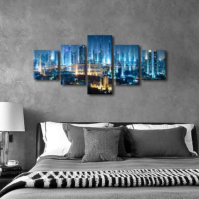 5 Panel Modern Smart City Poster Night Panoramic Cityscape Picture Printing Native Americans Home Decor Internet Companies Corridor Decor Big Data Worker Office Wall Artwork Ready to Hang 50x24 Inch