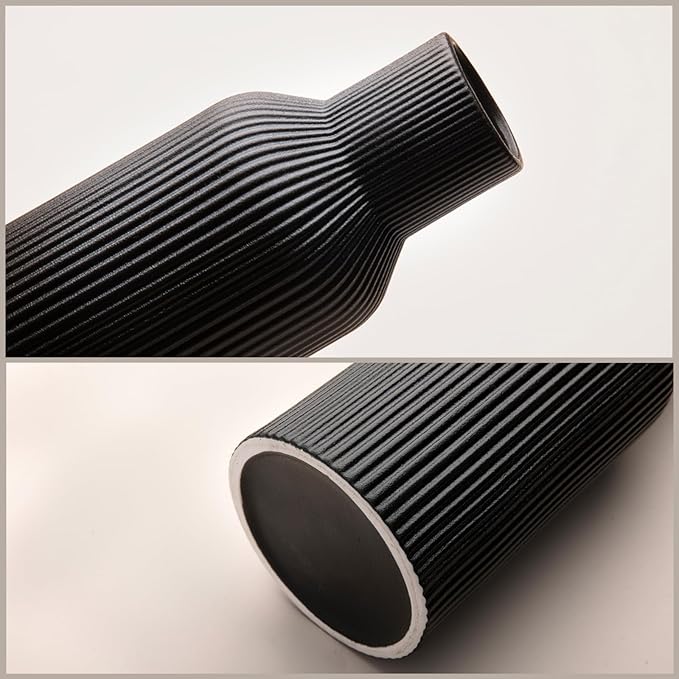 Glossy Black Ceramic Vases Set of 3 - Modern Ribbed Vases for Fresh Flowers & Pampas Grass - Minimalist Decorative Centerpieces for Coffee Table, Mantle, Entryway & Office