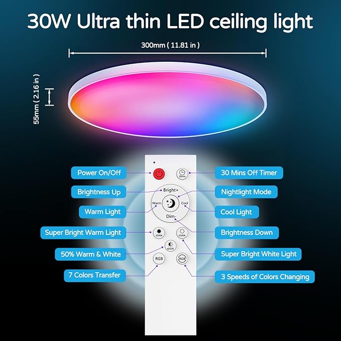 Smart LED Ceiling Light 12" Flush Mount with Remote - RGB Color Changing + Adjustable White 2700K-6500K - Alexa Google Home Compatible - Music Sync - IP44 Waterproof for Bedroom Bathroom - 30W 2200LM