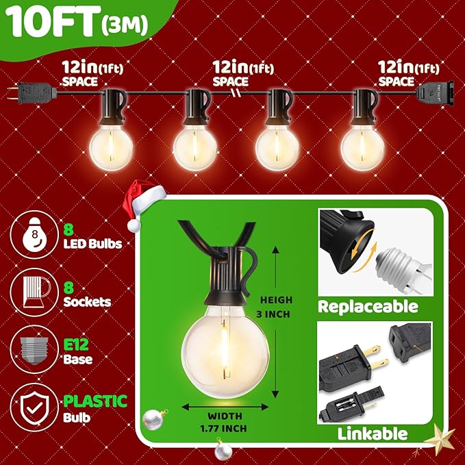 10FT LED Outdoor String Lights - Waterproof Patio Lights Shatterproof G40 Edison Globe Bulb, Connectable Hanging Outdoor String Lighting for Indoor Backyard Yard Gazebo Porch Party Decor - SOLROS