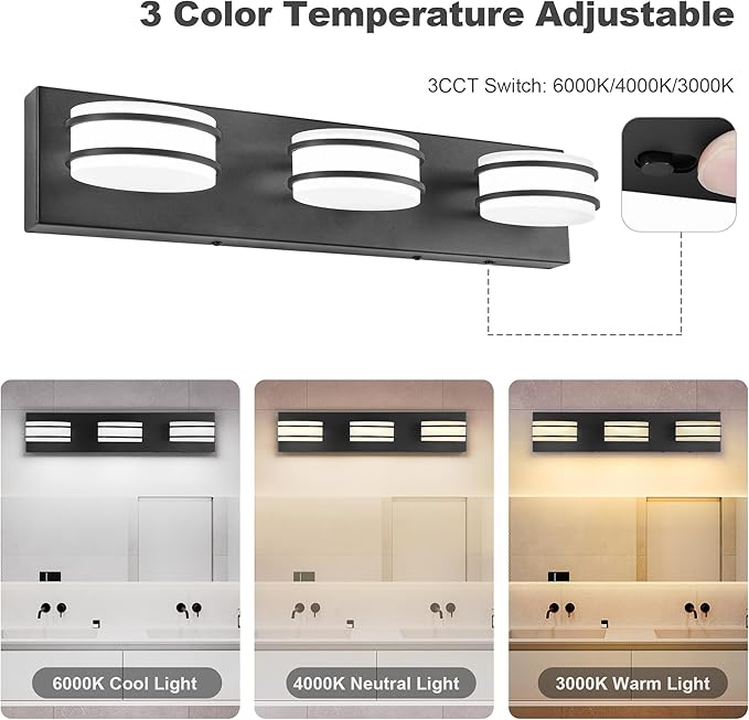 3 Color Temperature Dimmable Bathroom Light Fixtures Over Mirror, LED Black 3 Light Vanity Lighting Fixtures, Acrylic Stainless Steel Oval Shade Vanity Lights for Bathroom, ETL Certificated