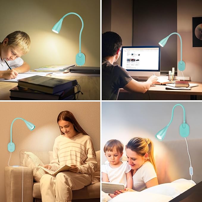 Wall-Mounted LED Bedside Reading Light with USB Charging Port, 10-Level Dimmable & Adjustable 5 Color, Plug-in Adhesive Night Lamp for Books in Bed, Eye-Caring Bedroom Lighting (Teal)