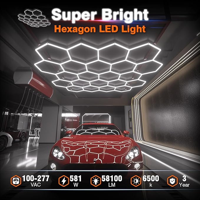 Hexagon Garage Lights : 3 Level Dimmable 581W Tube 22 Grids Hexagon LED Lights - Easy Install 6500K Super Bright Hex Light for Warehouse, Car Detailing Shop, Exhibition Hall, Gym
