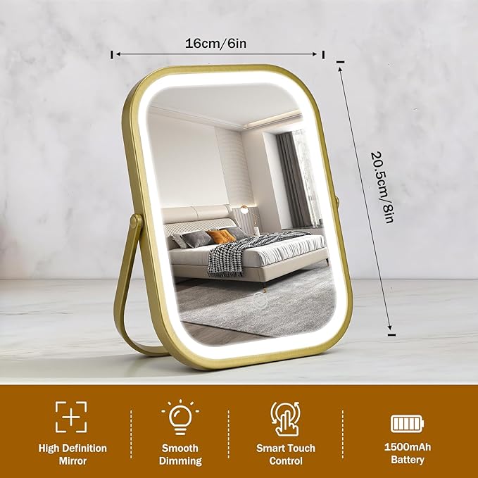 Rechargeable Travel Makeup Mirror, 8"×6" Small Vanity Mirror with Lights, 1500mAH Battery, 3-Color Lighting, Dimmable, 360° Rotation, Portable Desk Mirror with Storage Pouch, Travel Essentials (Gold)