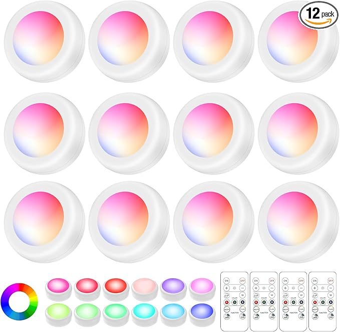 LED Puck Lights with Remote Control, Wireless Under Cabinet Lighting,Color Changing Lights with Dimmer and Timer, AAA Battery Operated Powered Push Night Lights (12 Pack White)