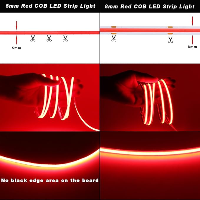 TOPAI 24V Thin 5mm Red COB LED Strip 16.4ft Narrow LED Tape Light Dotless 400LEDs/M High Density Cuttable Flexible for Cabinet Home DIY Lighting Projects