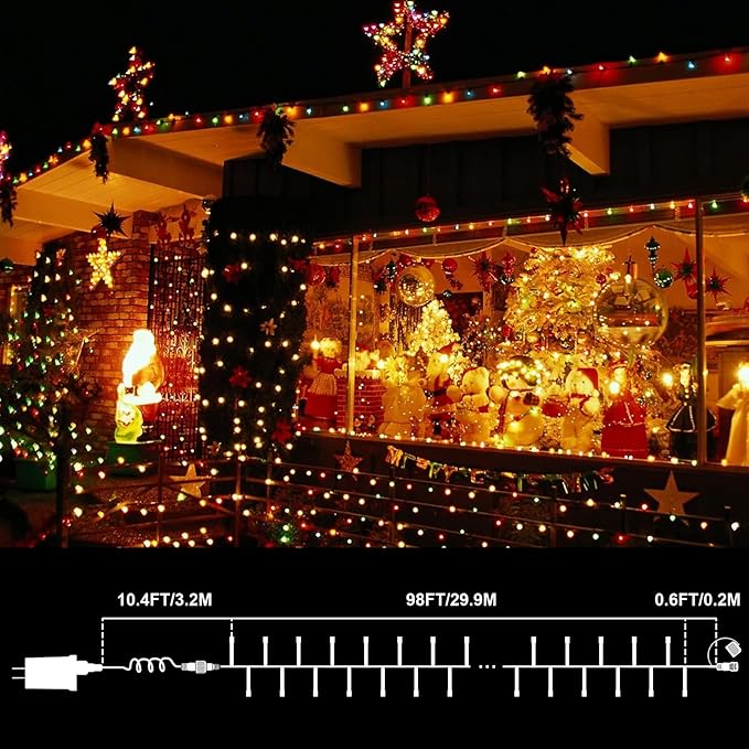 99ft Christmas Decorative Mini Lights, 300 LED Transparent Wire Fairy Starry String Light Plug in, 16Lighting Modes for Indoor Outdoor Xmas Tree Wedding Party Decoration (Warm White and Multicolor)