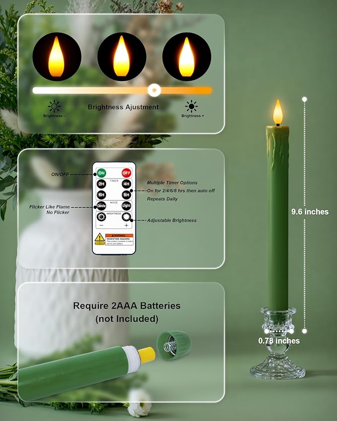 Homemory 6 Pcs Real Wax Green Flameless Taper Candles with Remote Timer, 9.6 Inches LED Fake Candlesticks, LED Candle with 3D Flickering Flame for Romantic Wedding, Dinner, Xmas Anniversary Decor