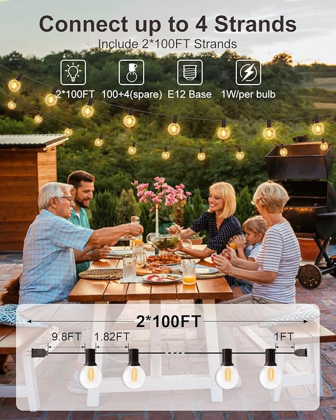 GLUROO 200FT(100FT*2PC) Outdoor String Lights, G40 LED Patio Lights with 100+4 Bulbs, Waterproof Shatterproof Dimmable Globe Hanging Outdoor Patio Lights Cafe, Bistro Outside Lights for Patio
