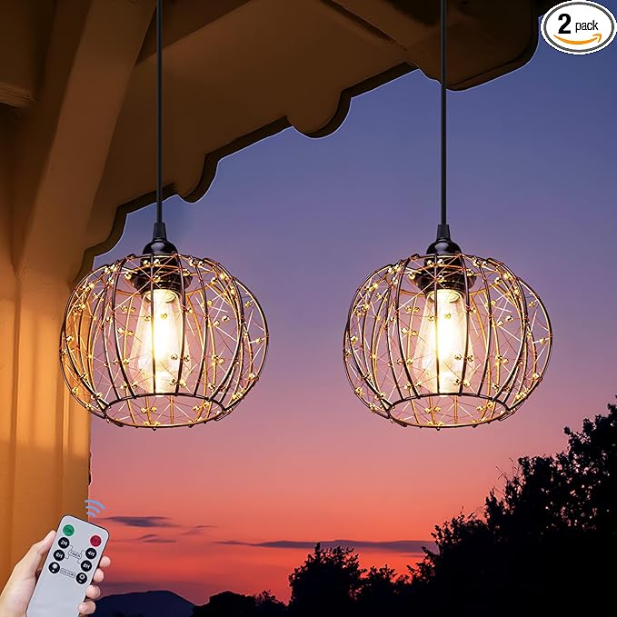 Battery Operated Hanging Outdoor Chandelier, Battery Operated Gazebo Pendant Light Outdoor Waterproof, No Wiring, Powered by 4 AA Batteries, for Gazebo, Porch, Pergola, Decor Lighting (2)