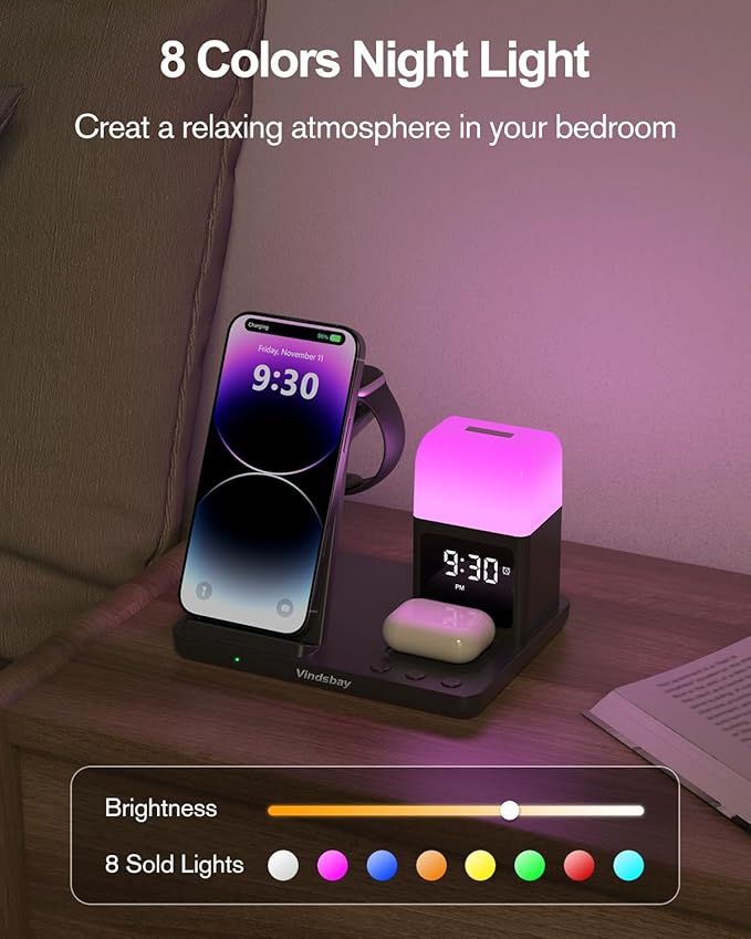 Wireless Charging Station Alarm Clock with 8 Touch Night Lights: 5 in 1 Charger Stand for Apple Devices - Charging Dock for iPhone 17 16 15 14 13 12 Pro Max Plus/Apple Watch/AirPods, Dimmable