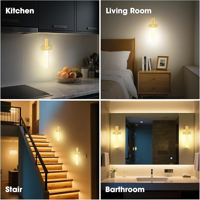 LAVAED Motion Sensor Lights Indoor,LED Rechargeable Battery Operated Wall Sconce Magnetic Stairway Night Light Wireless Portable Decor Lighting for Bedroom, Hallway, Picture,6000K Strip Base 2Pack