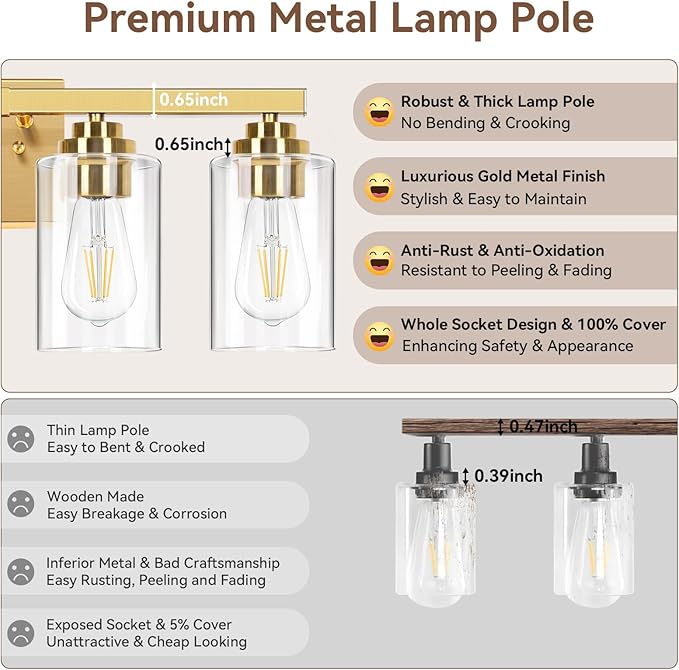 VerRon 5-Light Gold Bathroom Light Fixtures, 31" Modern Vanity Lights Over Mirror with Clear Glass Shades,Brushed Gold Wall Light Fixture for Bathroom Mirror Bedroom Porch, Hardwired Wall Sconces