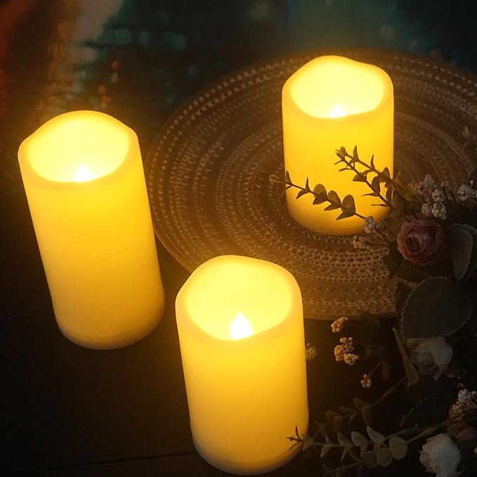 CANDLE CHOICE Outdoor Battery-Operated Flameless Candles with Remote Timer Waterproof Flickering Plastic Electric LED Pillar Lights for Lantern Patio Garden Wedding Halloween Christmas 3x4,5,6” 3 Pack