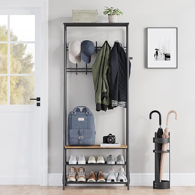 Coat Rack Shoe Bench with 5 Hooks, Entryway Hall Trees with Storage, Multifunctional Hallway Organizer, Wood Look Accent Furniture with Metal Frame, 4-in-1 Hall Trees Shoe Bench (2 Rows-10 Hooks)