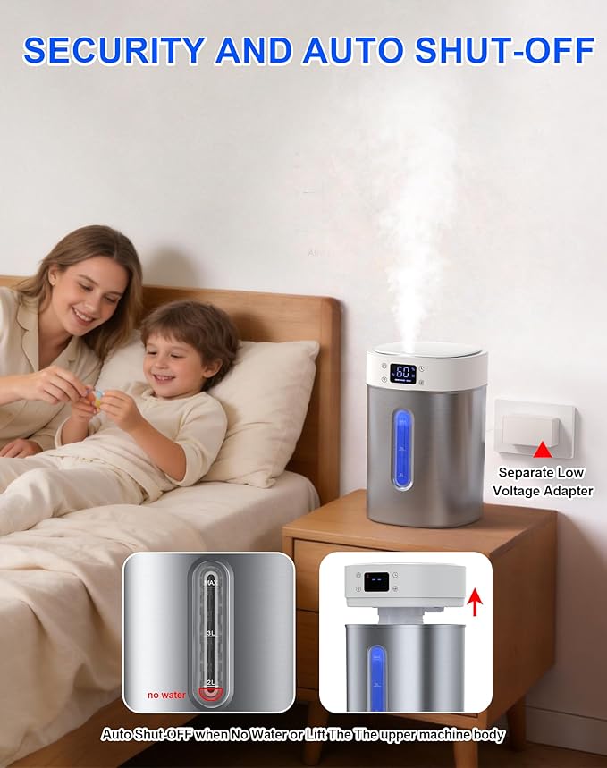 Humidifiers for Bedroom Large Room Baby, 4L Ultrasonic Cool Mist Humidifier, 304 Stainless Steel humidifiers, Auto Humidity Control, Humidity Display, Night Light, Quiet,Timer,Aromatherapy