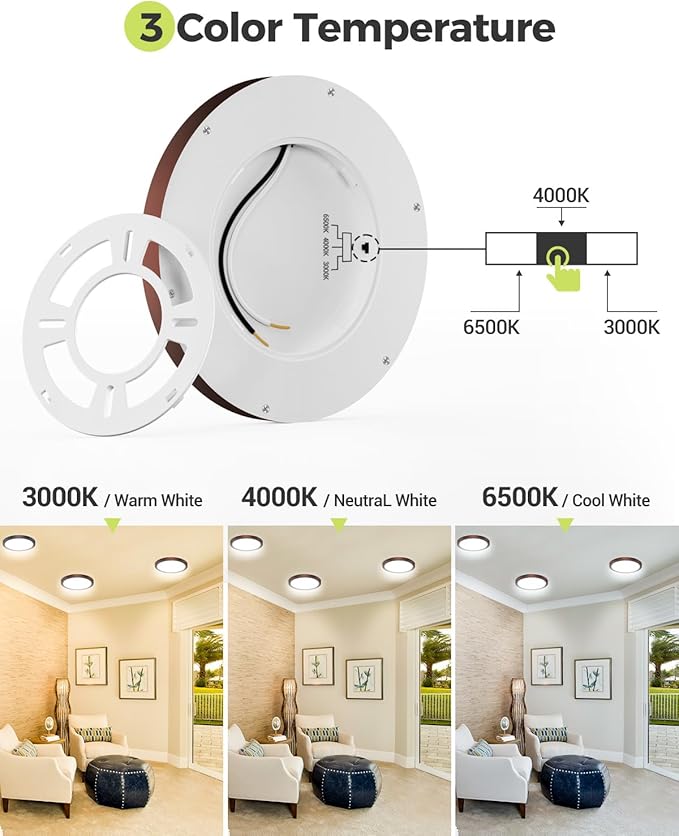 hepside 1PACK LED Flush Mount Ceiling Light, 3CCT Selectable 3000K-4000K-6500K & 100W Equivalent Modern Kitchen Recessed Ceiling Lamp 15W 1500Lm 7.5 Inch for Bathroom Closet Laundry Bedroom