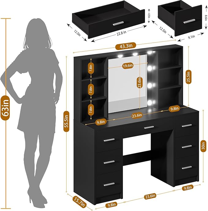 Vanity Desk with Mirror and LED Lights, Large Vanity with 7 Drawers and 6 Shelves, Make up Vanity Dressing Table with Charging Station for Girls, Women (Black)