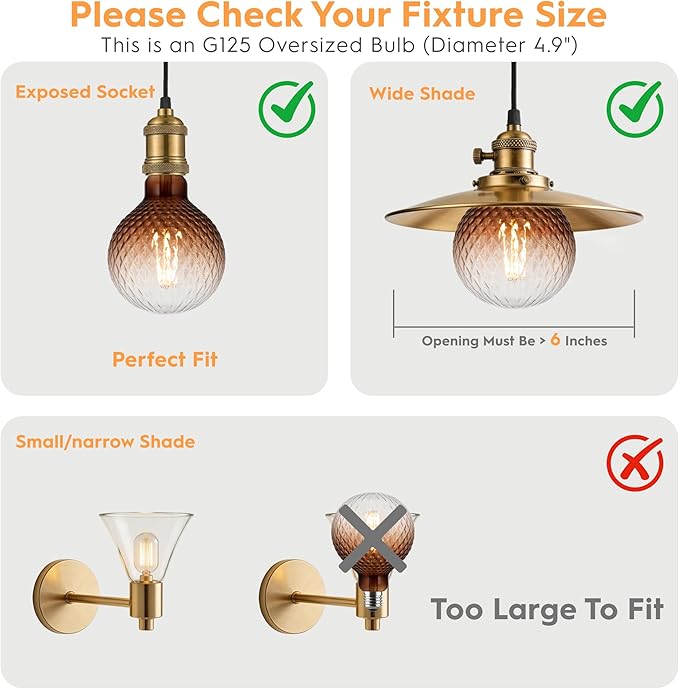 Vintage Edison LED Bulbs, Dimmable 4W Globe G125, 2200K Warm White Ambient Mood Lighting for Decoration, Squirrel Cage Filament, Gradient Brown Diamond Figure Glass LED Light Bulbs, E26 Base