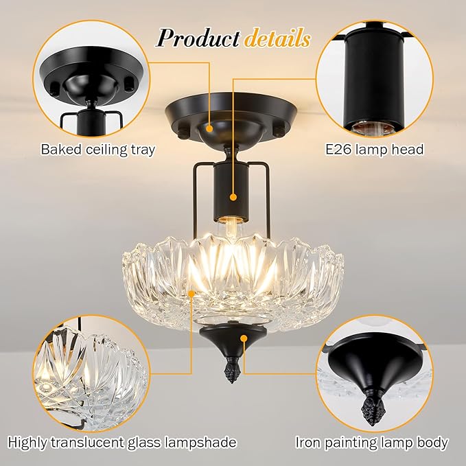UOFUS Black Semi Flush Mount Ceiling Light Fixture with Clear Glass Shade Flower Small Chandelier Farmhouse Close to Ceiling Light for Hallway Entryway Bedroom Porch Foyer Corridor Kitchen