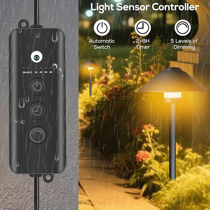 Banord 4 Pack Dusk to Dawn Outdoor Pathway Lights，Dimmable LED Landscape Path Lights, Timer & Memory Function, IP65 Waterproof Wired Low Voltage Landscape Lighting with Transformer