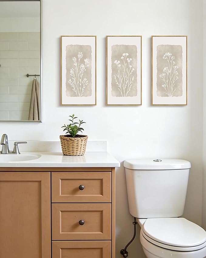 KUVIOKE Vintage Botanical Framed Wall Art White Floral Decor Print Modern Rustic Farmhouse Home Office Kitchen Hallway 8x16in3pcs Natural Framed