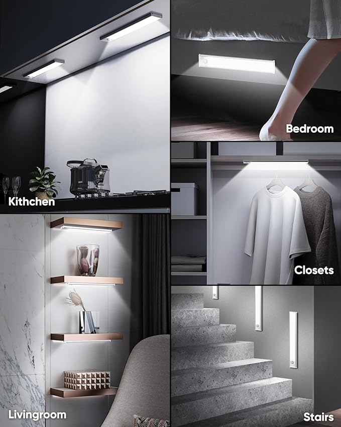 Under Cabinet Lighting, 2200mAh 10 Inch Battery Operated Rechargeable Motion Sensor Night Lights Indoor, LED Magnetic Wireless Closet Light, 6500K Dimmable Counter Lights for Kitchen, Home, 5 Packs