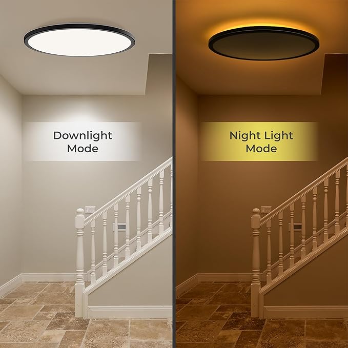 Matane 15.4in LED Flush Mount Ceiling Light Fixture with Remote, 2000K Warm Nightlight, Dimmable 3000K-6500K Low Profile Ceiling Lights for Bedroom, Living Room, 3600LM Black
