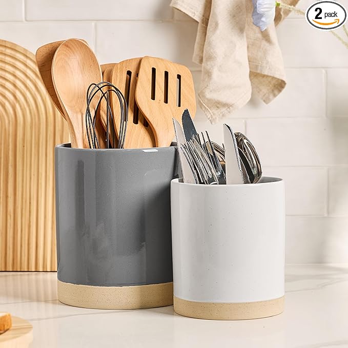 famiware Milkyway Kitchen Utensil Holder for Countertop, Ceramic Cooking Utensil Crocks for Kitchen Counter, Utensil Organizer for Spatula & Spoon, Set of 2, Dark Gray and White