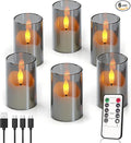 Rechargeable Operated Acrylic LED Tealight with Remote Control and Timer，Gary Flickering Flameless Candles for Home Decor, Valentines, Holidays (Set of 6