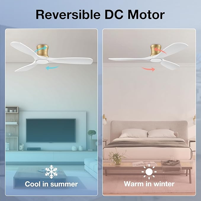 52inch Wood Ceiling Fans with Lights and Remote,Low Profile Modern Ceiling Fan with Light,Outdoor Indoor Flush Mount Ceiling fan,for Bedroom Living room Patio,White Gold,3 Blades,Reversible,Quiet