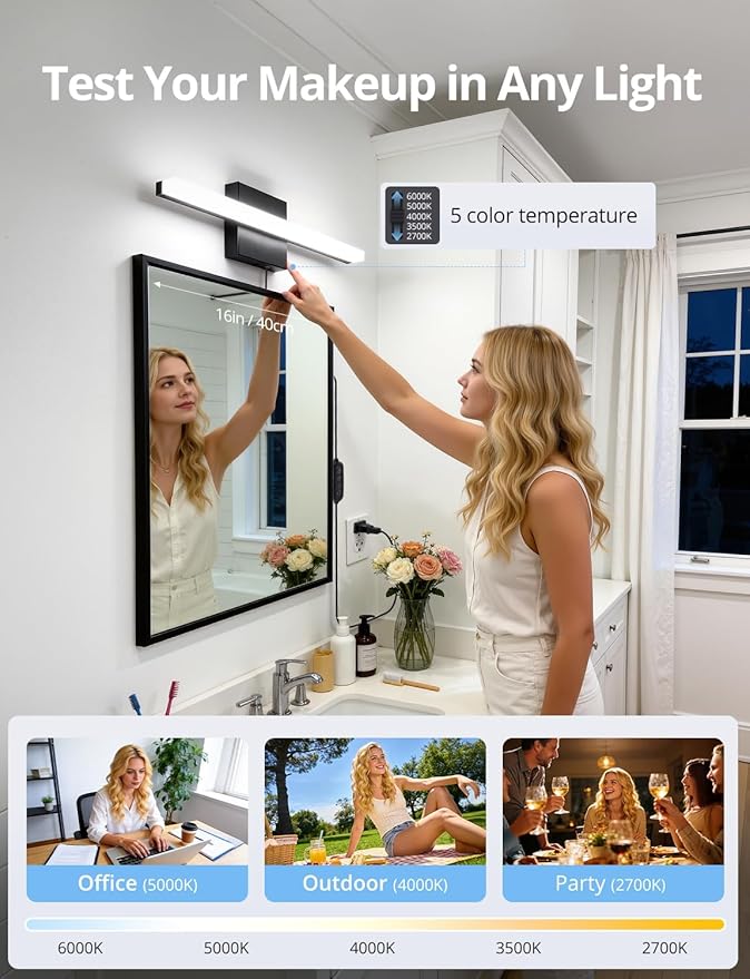 Combuh Black Plug in Vanity Light Bar Corded for Bathroom Lighting Fixture No Wiring, 16Inch 5 Colors Adjustable Dimmable Modern Bright Daylight Mirror Lamp for Wall Dressing Room Makeup(with Plug)