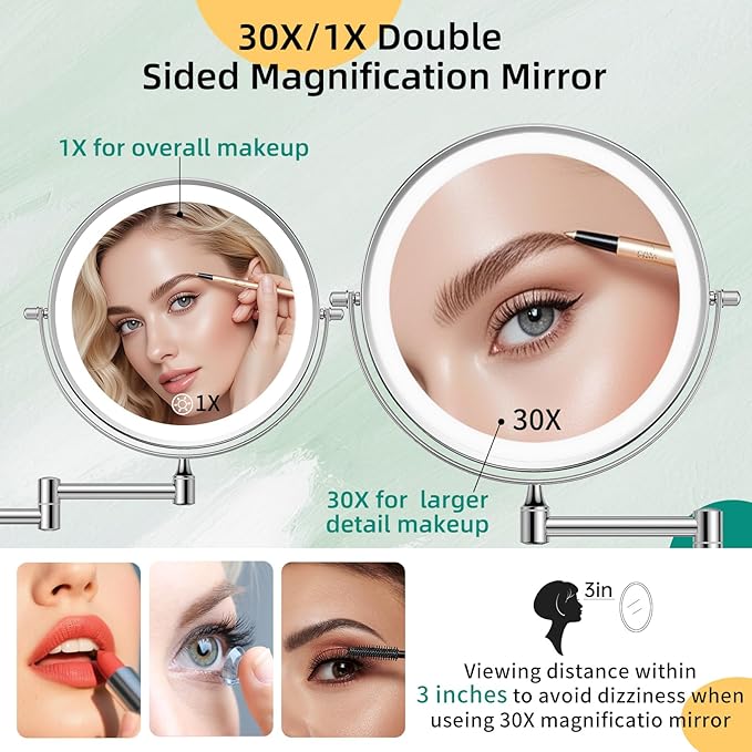 FUNTOUCH 5000mAh Rechargeable Wall Mounted Makeup Mirror with Lights,Double Sided 1X/30X Magnification,3 Color Lights,Touch Dimmable,Extended Arm 360 Rotation Lighted Bathroom Mirror